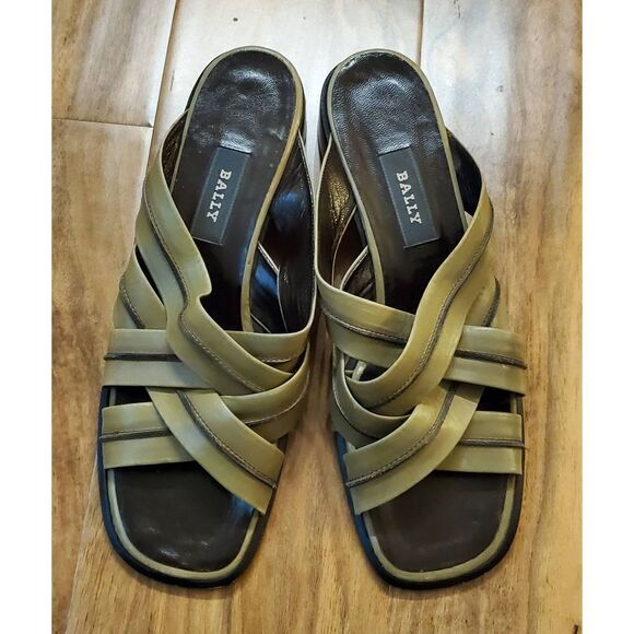 BALLY Camo Green leather slippers 7. Designer. Woven. Comfy. Stylish - Picture 1 of 12